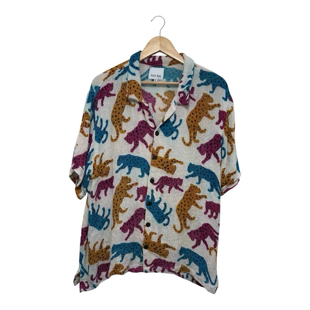 Raga Man Panthera Camp Collar Shirt XL Silk Cotton Blend Faded Distressed
